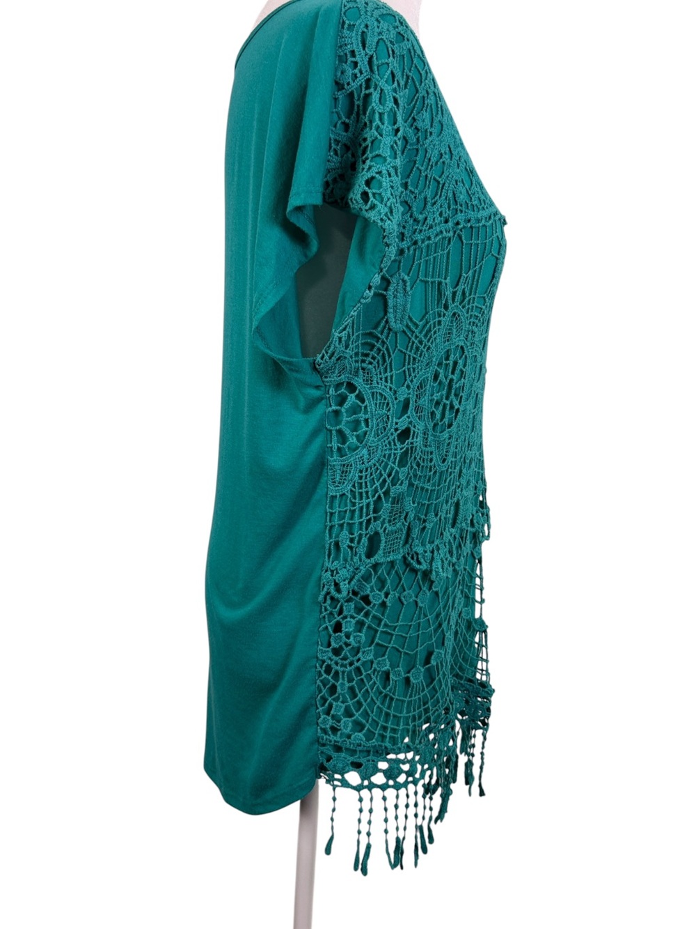 Signature Studio Teal Crochet Lace Fringe Boho Tunic Top M - Picture 4 of 11